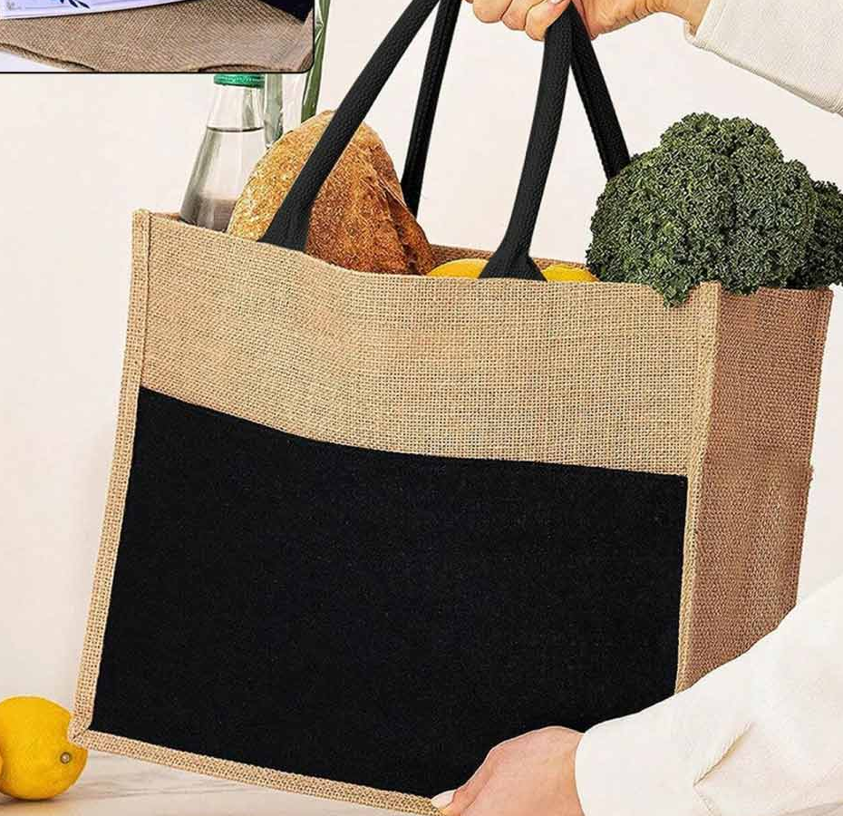 Jute Bag with Black Cotton Pocket & Handles - Image 3