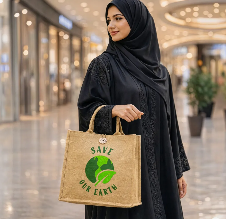Reusable Jute Shopping Bag with Button Closure - Image 2