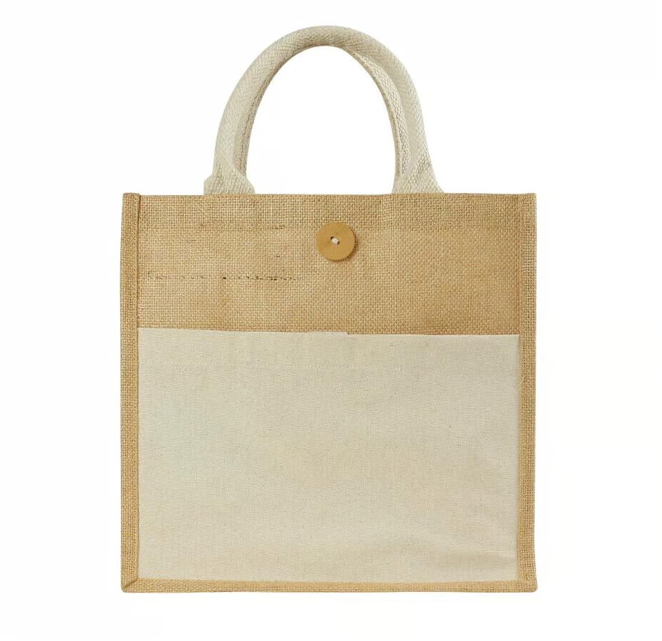 Eco-Friendly Jute Bag with Front Cotton Pocket & Button Closure