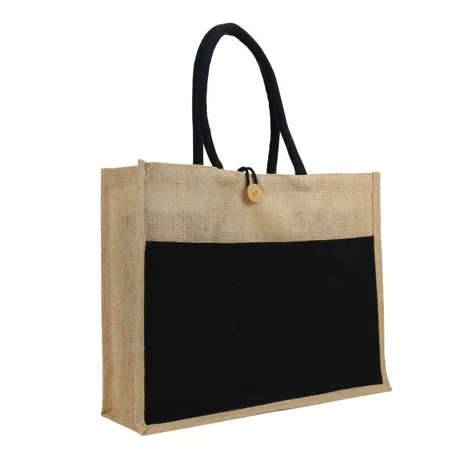 Jute Bag with Black Cotton Pocket & Handles