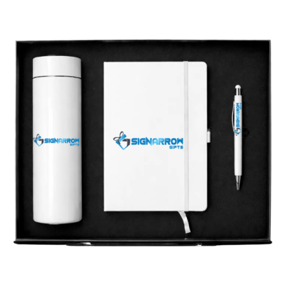 Notebook, Metal Pen & Stainless Bottle Corporate Gift Set White